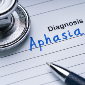 Handwritten doctor diagnosis card, note: Aphasia
